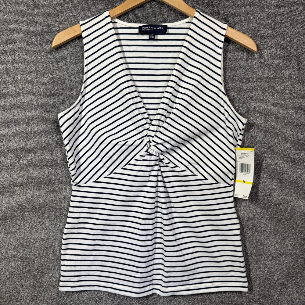 Jones New York Signature Top Size M Navy White Striped Twist Front V-Neck NWT